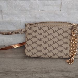Michael Kors Belt Bag Waist Wallet Fanny Pack MK Logo Beige Gold Chain Med